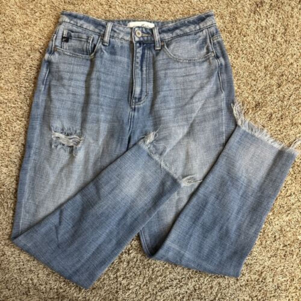 KanCan Jeans Women Size 7/27 Blue Light Wash High‎ Rise Straight Stretch Raw Hem